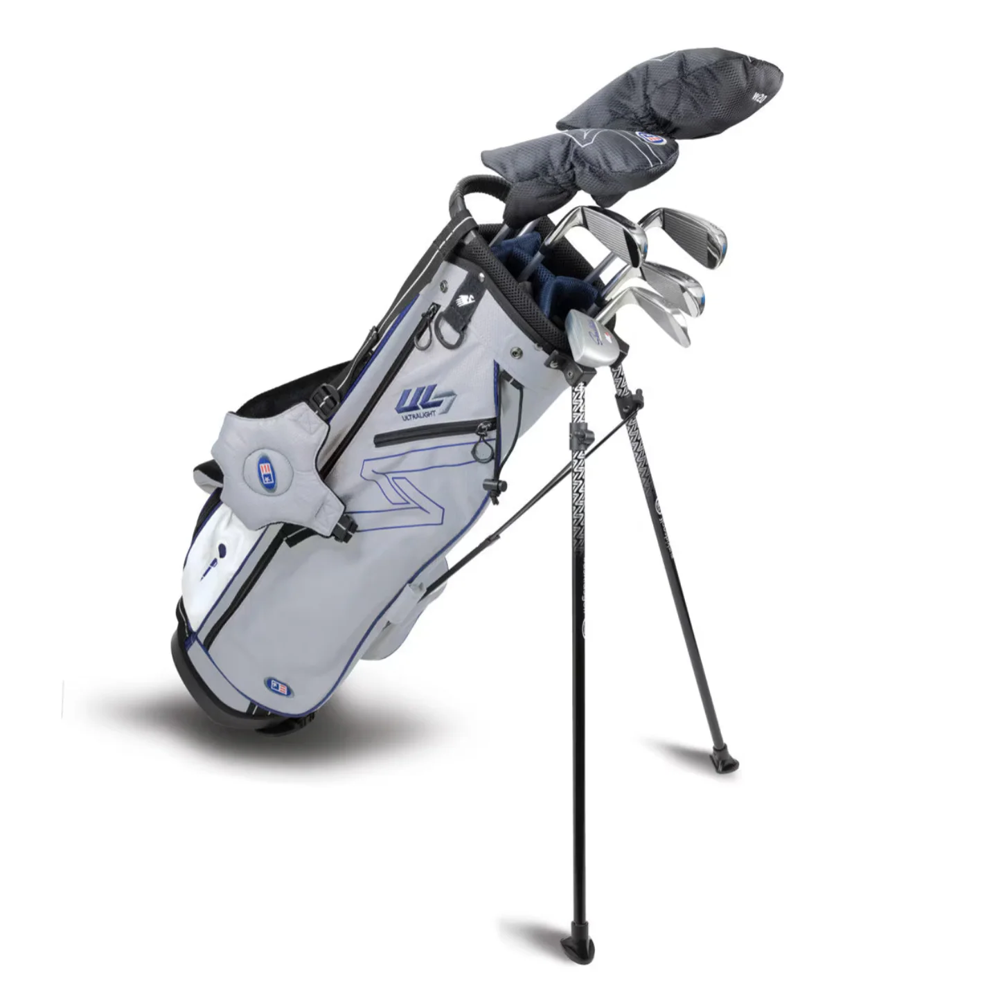 US Kids Golf Ultralight 7-60 7 Club Stand Set RH, Silver/ Navy Bag